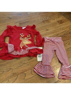 Rare Editions GIrls 18 Month 2 piece Christmas Outfit Reindeer New